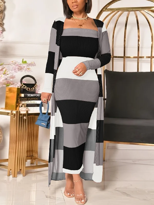 Striking Stripe Print Two-Piece Dress Ensemble - Sleeveless Tube Dress & Chic Long Sleeve Open Front Cardigan Outfit - A Fashion-Forward Must-Have for Womens Closet Tunics Luxurious premium