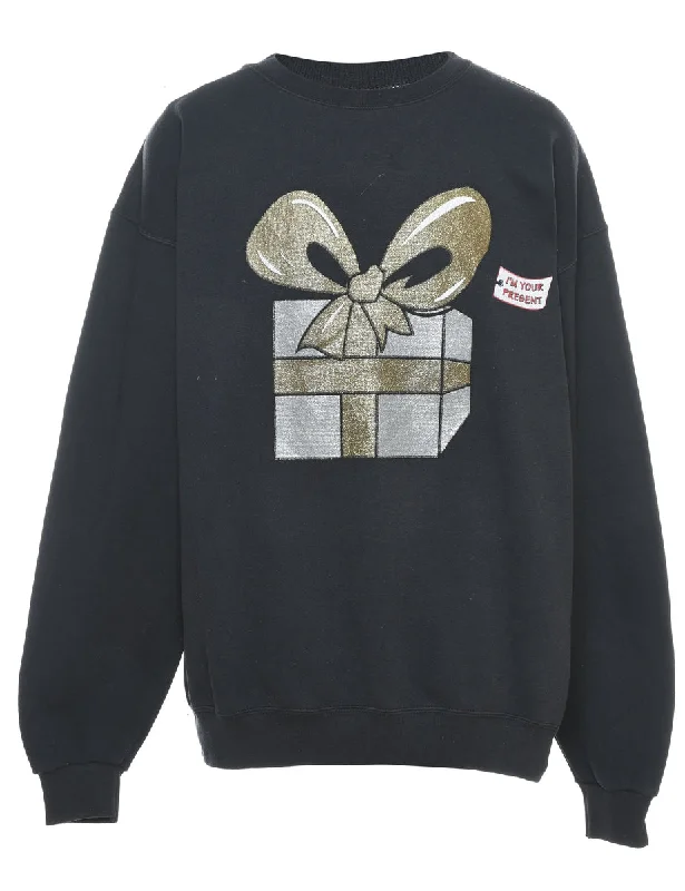 Festive Gifts Christmas Sweatshirt - L Hoodie with High-Low Hem Asymmetrical Trendy
