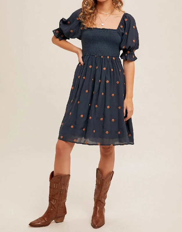 Daisy Ditsy Embroidered Dress In Mid Night Blue Tunics stripes playful
