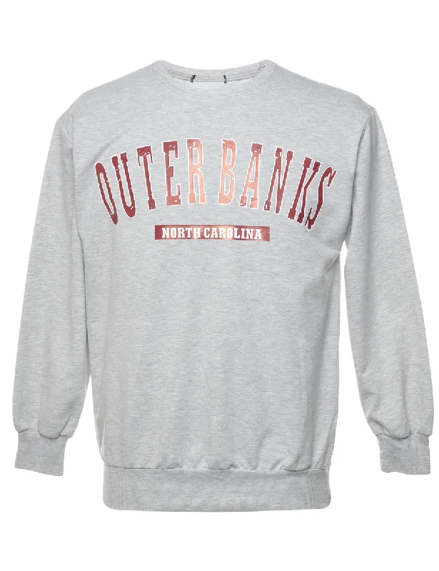 Grey Outerbanks Printed Sweatshirt - S Hoodie with Hem Fringe Bohemian Relaxed