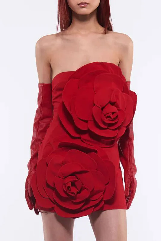 Glamorous Oversized 3D Rosette Applique Strapless Bodycon Party Mini Dress - Red Tunics Satin smooth Glamorous Oversized 3D Rosette Applique Strapless Bodycon Party Mini Dress - Red Tunics Satin smooth