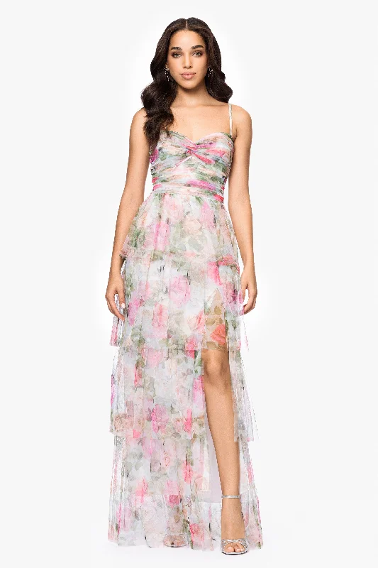 Blondie Nites "Millie" Print Mesh Tiered Ruffle Floor Length Dress Tunics Practical easy-care Blondie Nites "Millie" Print Mesh Tiered Ruffle Floor Length Dress Tunics Practical easy-care