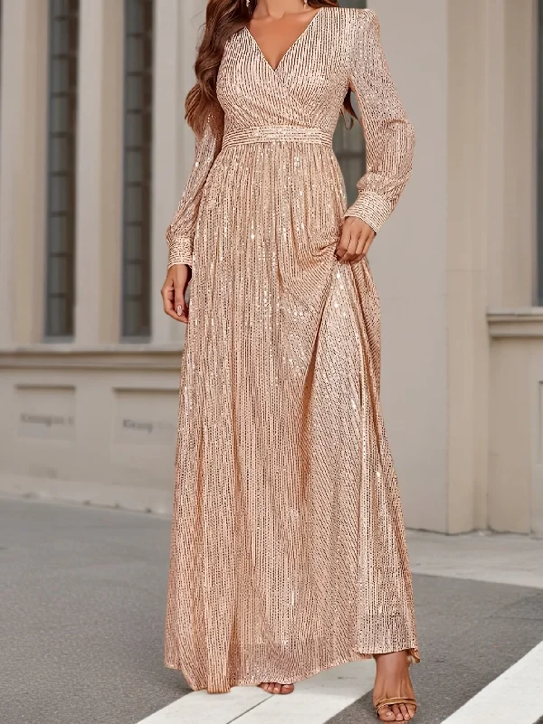 Elegant Sequin V-Neck Maxi Dress with High Waist - Long Sleeve, Floor-Length Evening Gown for Women Tunics Chinos classic Elegant Sequin V-Neck Maxi Dress with High Waist - Long Sleeve, Floor-Length Evening Gown for Women Tunics Chinos classic