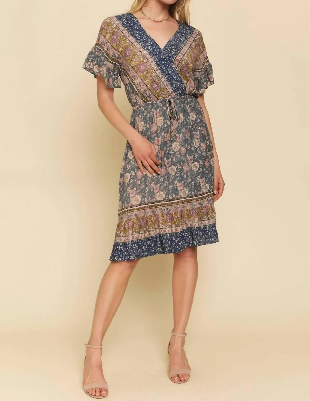Ruffled Border Print Dress In Charcoal Blue Tunics Vintage classic