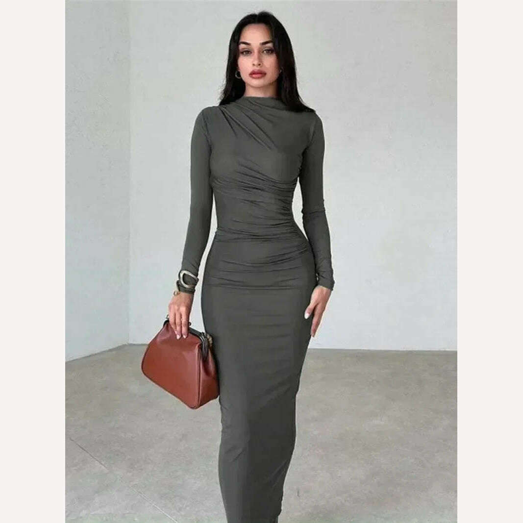 2023 Autumn Women's O-neck High Waist Folds Long Dress Streetwear Winter Office Lady Solid Tunics Bodycon Evening Party Dresses Tunics Fashionable chic 2023 Autumn Women's O-neck High Waist Folds Long Dress Streetwear Winter Office Lady Solid Tunics Bodycon Evening Party Dresses Tunics Fashionable chic