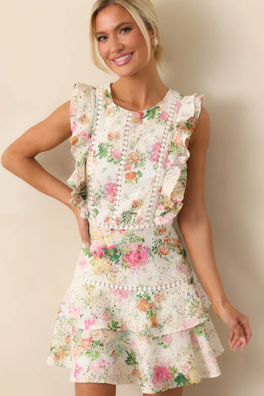 Where The Night Takes Us Ivory Floral Cotton Mini Dress Tunics Seasonal trendy