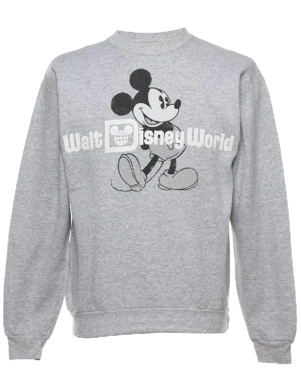 Mickey Mouse Design Light Grey 1990s Cartoon Sweatshirt - S Hoodie with High Neck Warm Protective