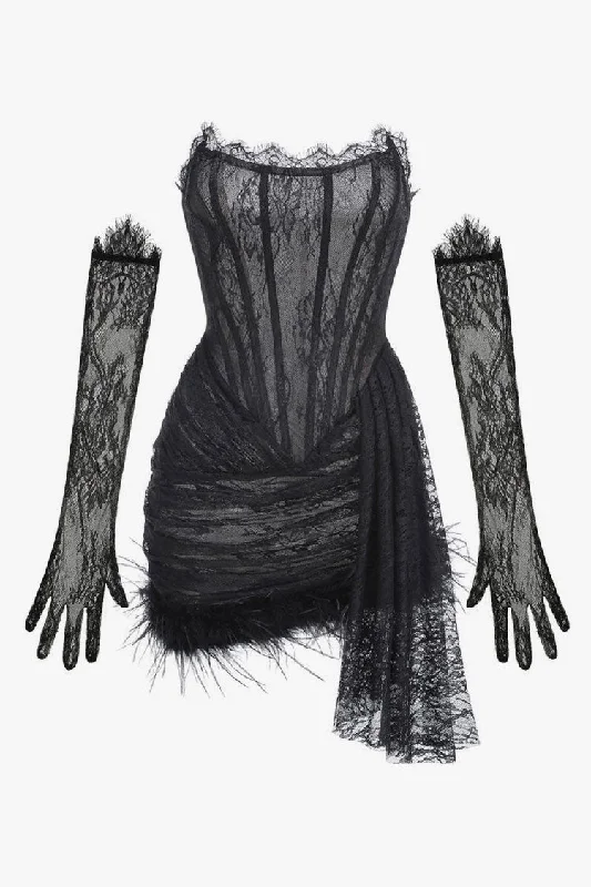 Sexy Strapless Ruched Draped Lace Corset Faux Feather Mini Prom Party Dress sweetheart Neckline Romantic Sexy Strapless Ruched Draped Lace Corset Faux Feather Mini Prom Party Dress sweetheart Neckline Romantic