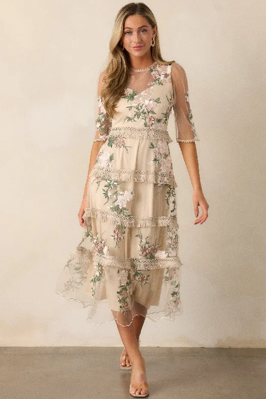 Honestly Love You Beige Floral Midi Dress Tunics Chic elegant