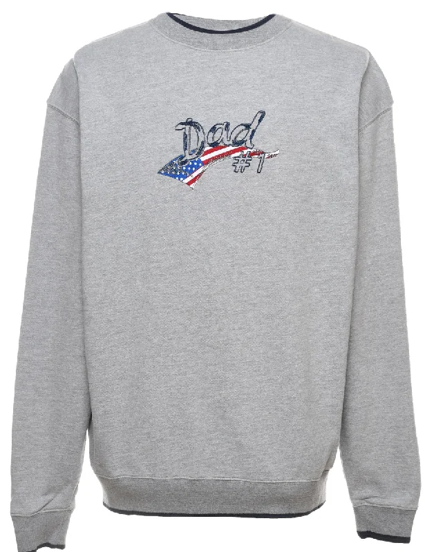 Dad Design Grey Round-Neck Embroidered Sweatshirt - L Hoodie with Longline Fit Extended Stylish Dad Design Grey Round-Neck Embroidered Sweatshirt - L Hoodie with Longline Fit Extended Stylish