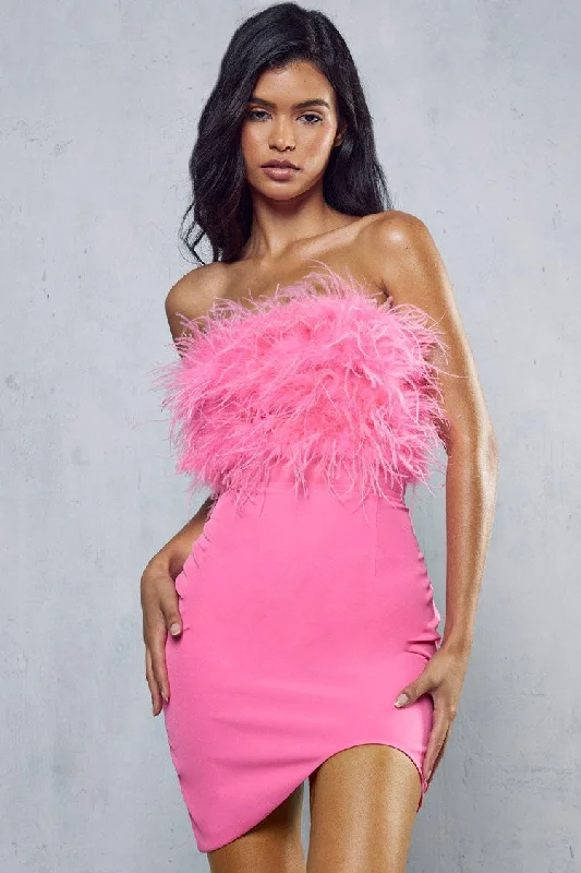 Asymmetrical Faux Feather Trim Cutout Back Strapless Party Mini Dress - Rose Tunics Spring floral Asymmetrical Faux Feather Trim Cutout Back Strapless Party Mini Dress - Rose Tunics Spring floral