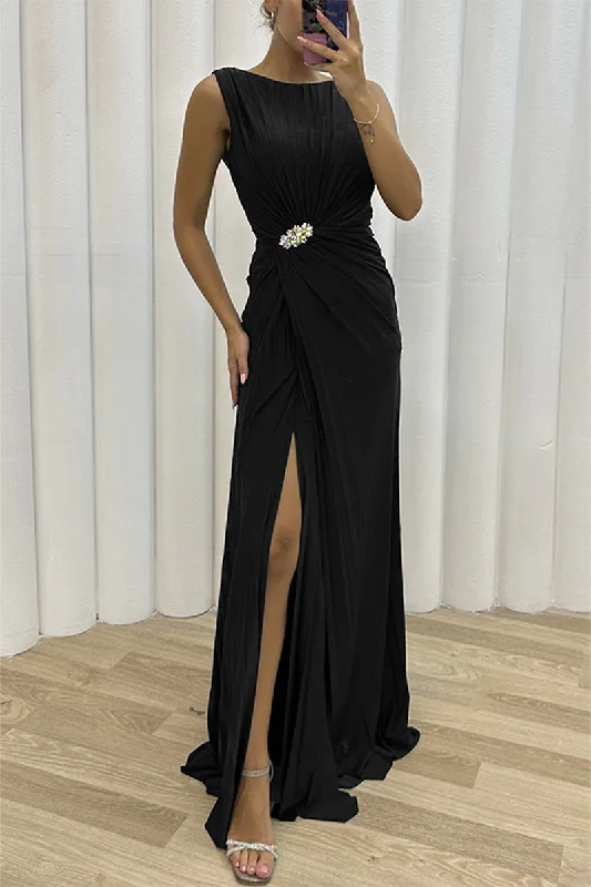 Elegant Formal Solid Slit Fold O Neck Evening Dress Dresses Tunics Fashionable trendy
