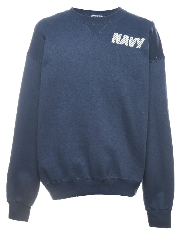 Navy & White Printed Round Neck Sweatshirt - L Hoodie with Double Zipper Versatile Adjustable Navy & White Printed Round Neck Sweatshirt - L Hoodie with Double Zipper Versatile Adjustable