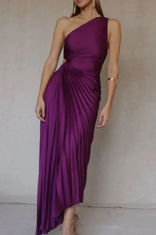 Elegant Solid Patchwork Fold Asymmetrical Oblique Collar Evening Dress Dresses Tunics Sophisticated sleek