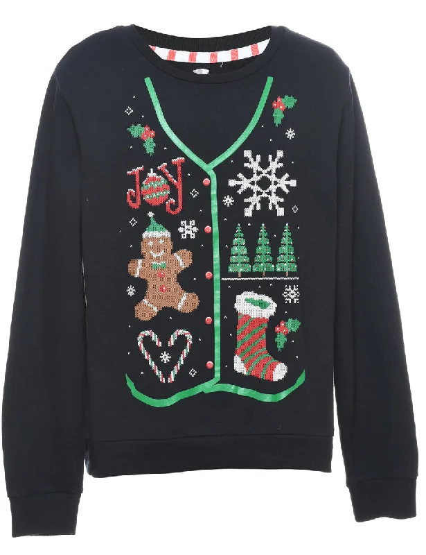 Festive Print Christmas Sweatshirt - M Hoodie with Hem Lace Feminine Delicate