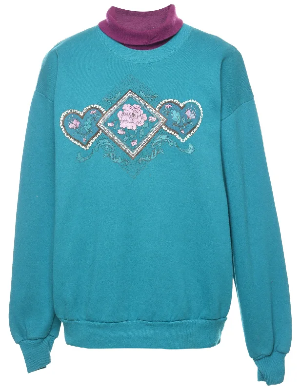 Floral Teal & Purple 1990s Printed Sweatshirt - L Zip Hoodie Drawstring Kangaroo Pocket Floral Teal & Purple 1990s Printed Sweatshirt - L Zip Hoodie Drawstring Kangaroo Pocket