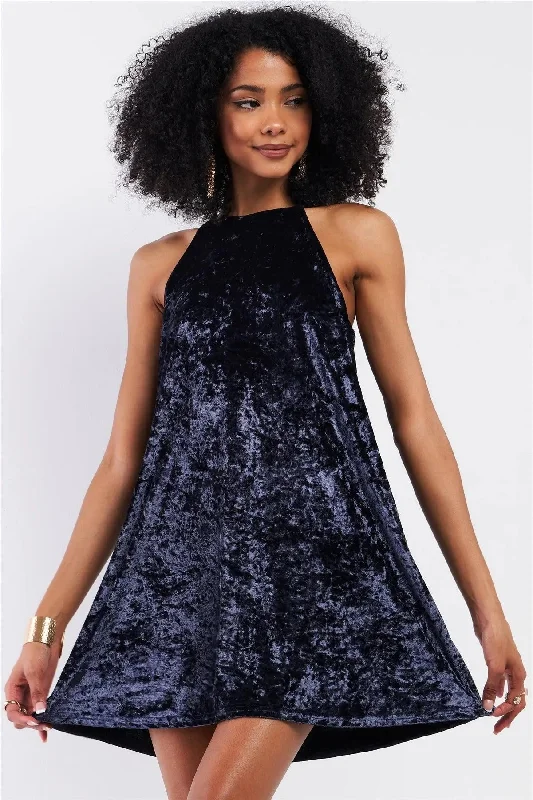 Dusty Blue Velvet Square Halter Neck Mini Dress Square Neckline Feminine