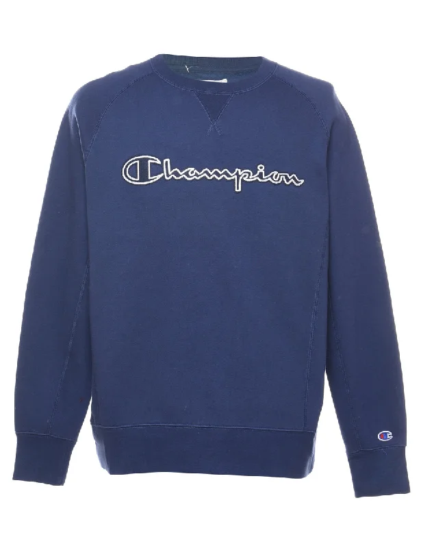 Champion Embroidered Navy Sweatshirt - M Hoodie with Drawcord Adjustable Secure