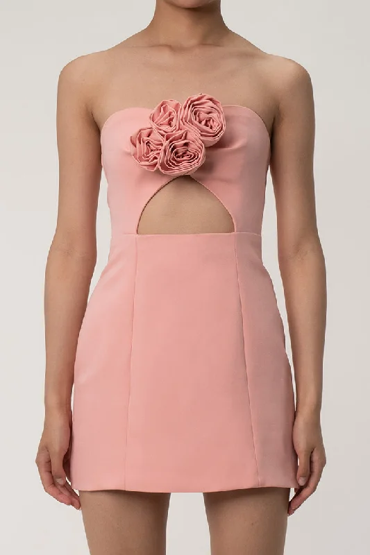 Bloom Rosette Applique Strapless Cutout Empire Waist A Line Party Mini Dress Shift Classic Vintage Bloom Rosette Applique Strapless Cutout Empire Waist A Line Party Mini Dress Shift Classic Vintage