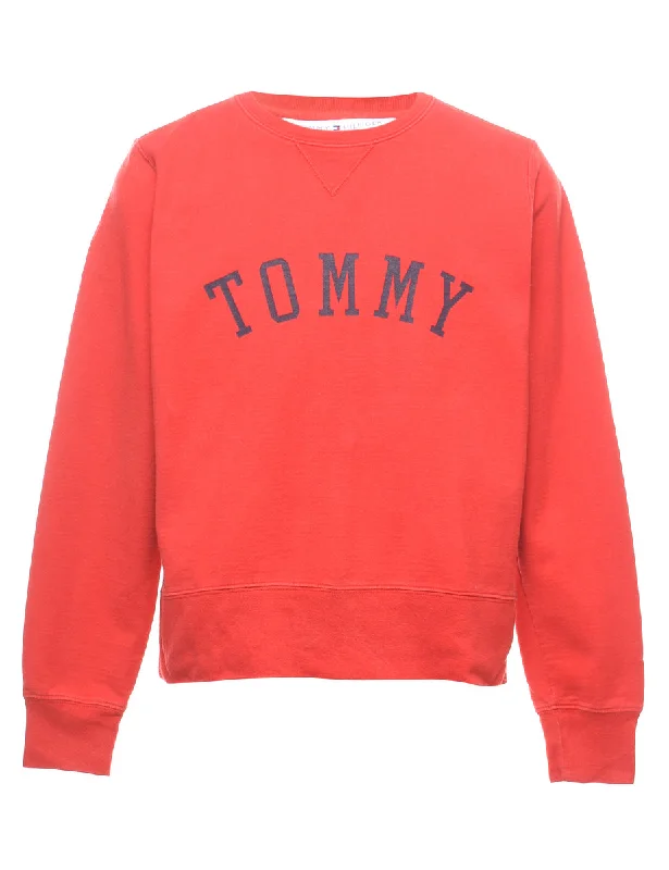 Red Tommy Hilfiger Printed Sweatshirt - M Hoodie with Front Slit Layering Stylish