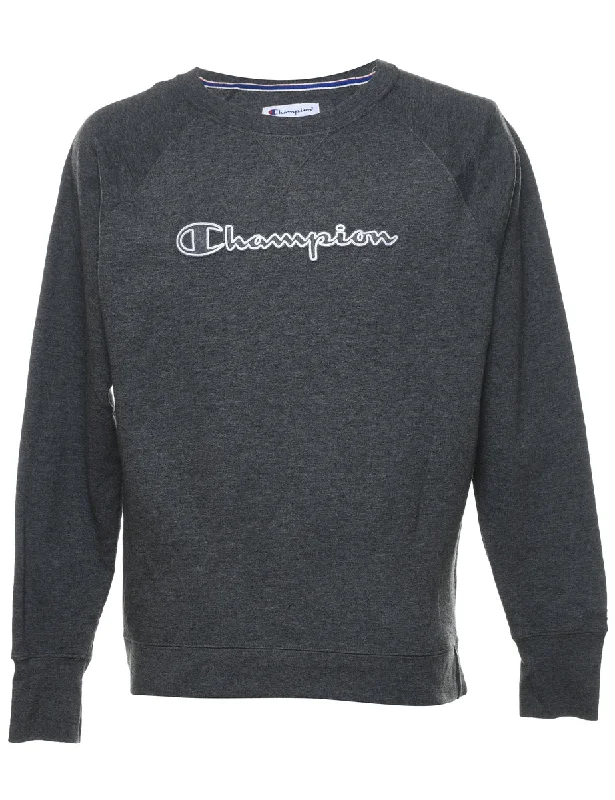 Champion Embroidered Dark Grey Sweatshirt - L Hoodie with Slit Hem Functional Movement Champion Embroidered Dark Grey Sweatshirt - L Hoodie with Slit Hem Functional Movement