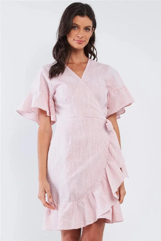 Pastel Pink Deep Plunge V-Neck Ruffle Hem Self-Tie Waist Wrap Mini Dress Floral Print girly Pastel Pink Deep Plunge V-Neck Ruffle Hem Self-Tie Waist Wrap Mini Dress Floral Print girly
