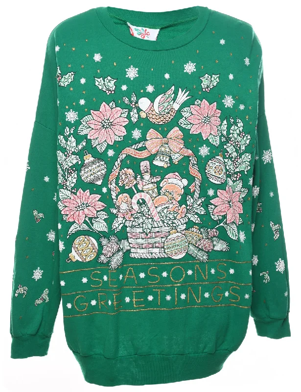 Festive Season Green Printed Christmas Sweatshirt - L Hoodie with Pocket Utility Practical