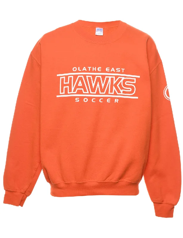 Orange Olathe East Hawks Soccer Printed Sweatshirt - M Hoodie with Raw Hem Edgy Unfinished Orange Olathe East Hawks Soccer Printed Sweatshirt - M Hoodie with Raw Hem Edgy Unfinished