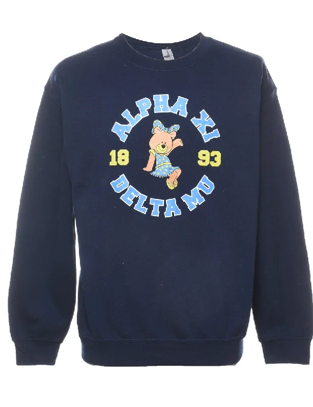 Navy Printed Sweatshirt - M Hoodie with Color Block Contrast Stylish