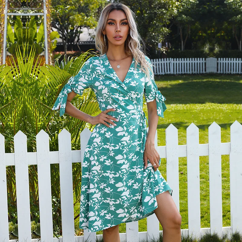 IKEARLAX cross-border trade women's clothing summer floral irregular bow short-sleeved dress women Tunics Sophisticated sleek IKEARLAX cross-border trade women's clothing summer floral irregular bow short-sleeved dress women Tunics Sophisticated sleek