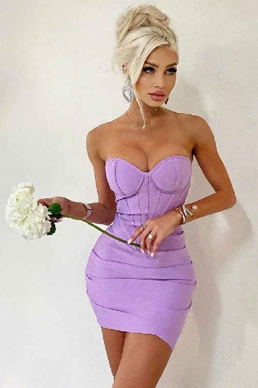 Sexy Sweetheart Strapless Pleated Bodycon Bandage Mini Dress - Purple Casual Short Summer Sexy Sweetheart Strapless Pleated Bodycon Bandage Mini Dress - Purple Casual Short Summer