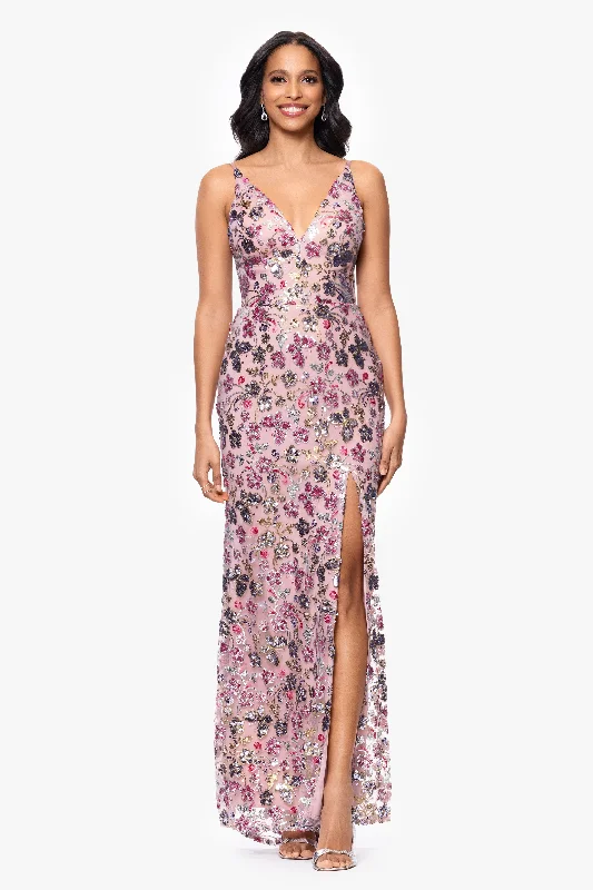 Blondie Nites "Carmen" Sequin Pattern V-Neck Floor Length Dress Tunics Sophisticated sleek Blondie Nites "Carmen" Sequin Pattern V-Neck Floor Length Dress Tunics Sophisticated sleek