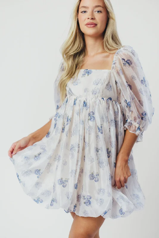 Chase Bubble Hem Mini Dress in White/Periwinkle Tunics Custom made
