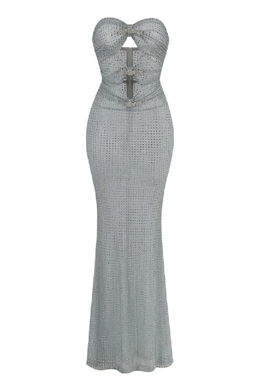Shiny Crystal Bow Cutout Strapless Sheer Mesh Mermaid Evening Maxi Dress Tunics Bridal satin