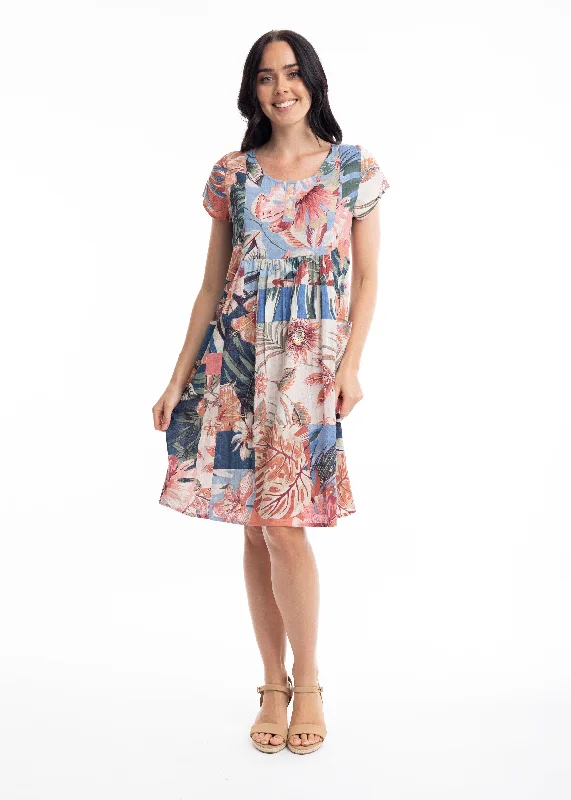 Orientique - Luzon Bib Dress with Pockets Crew Neckline Casual