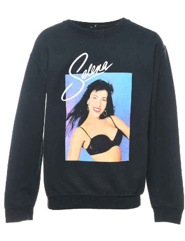 Selena Black 1990s Printed Sweatshirt - S Hoodie with Bell Sleeves Flared Feminine