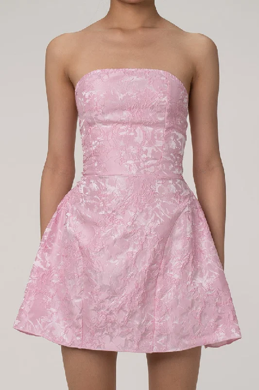 Silky Satin Floral Jacquard Strapless Laced Back Bow Trim Party Mini Dress Tunics Trousers formal Silky Satin Floral Jacquard Strapless Laced Back Bow Trim Party Mini Dress Tunics Trousers formal