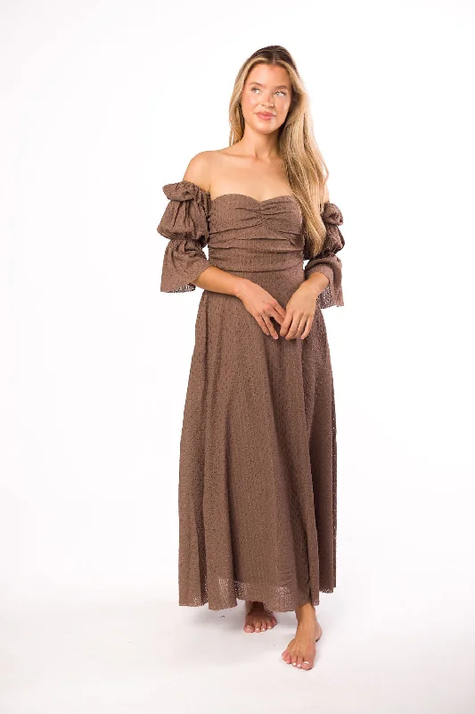 Corrine Tiered Sleeve Maxi Dress with Pockets in Deep Mocha - Bump Friendly Halter Neckline Beach