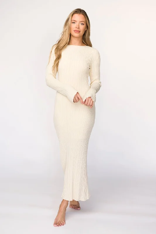 Allie Long Sleeve Ribbed Maxi Dress in Ivory (Lined) Tunics Occasion special