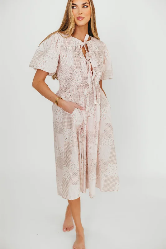Tatum 100% Cotton Front Tie Midi Dress in Pink Tunics Fashionable chic