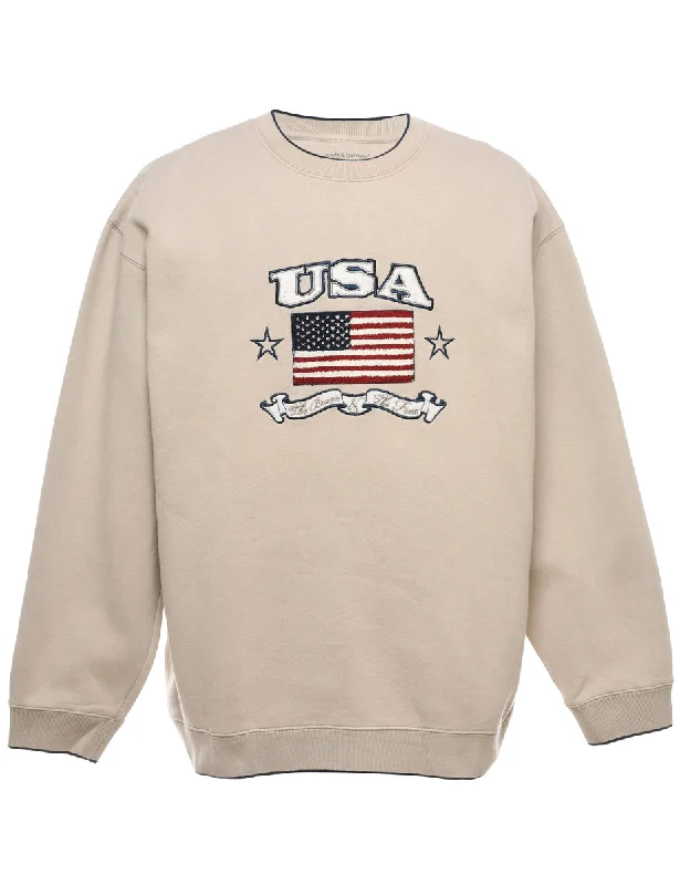 USA Beige Printed Sweatshirt - M Hoodie with Print Artistic Unique