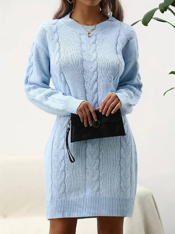 Women's Cozy Knit Sweater Dress - Casual Crew Neck, Long Sleeve, Solid Color, Perfect for Fall/Winter Tunics Running lightweight