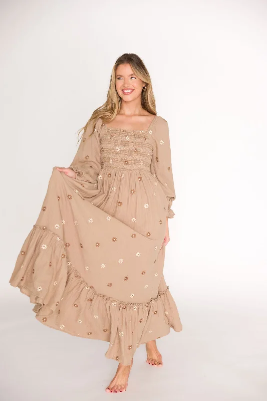 Emmie Embroidered Floral Maxi Dress in Grey-Taupe - Bump Friendly Tunics Evening elegant