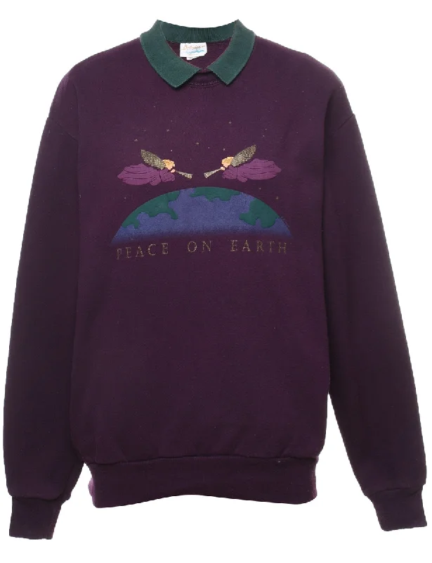 Peace On Earth 1990s Purple Printed Sweatshirt - M Hoodie with High-Low Hem Asymmetrical Trendy Peace On Earth 1990s Purple Printed Sweatshirt - M Hoodie with High-Low Hem Asymmetrical Trendy