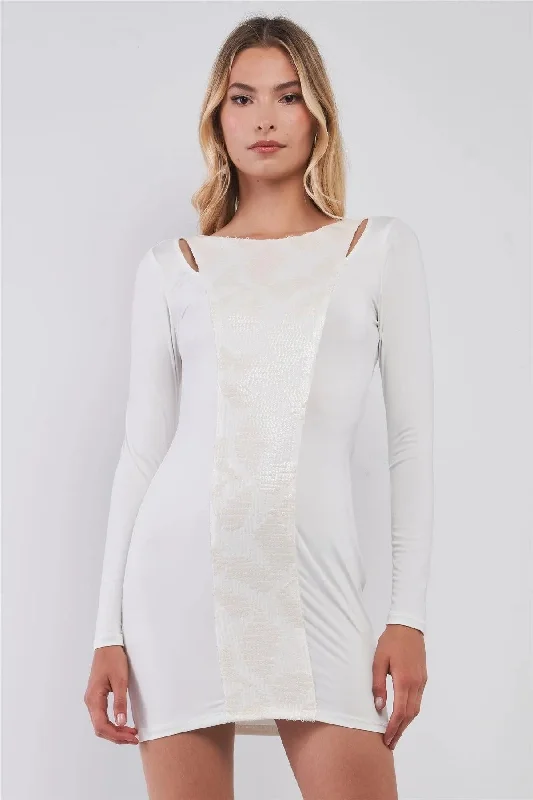 White Sequined Center Front Detail Long Sleeve Mini Dress /2-2-2 Boat Neckline Classic White Sequined Center Front Detail Long Sleeve Mini Dress /2-2-2 Boat Neckline Classic