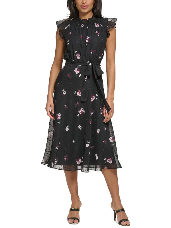 Womens Midi Floral Print Midi Dress Tunics Lace romantic