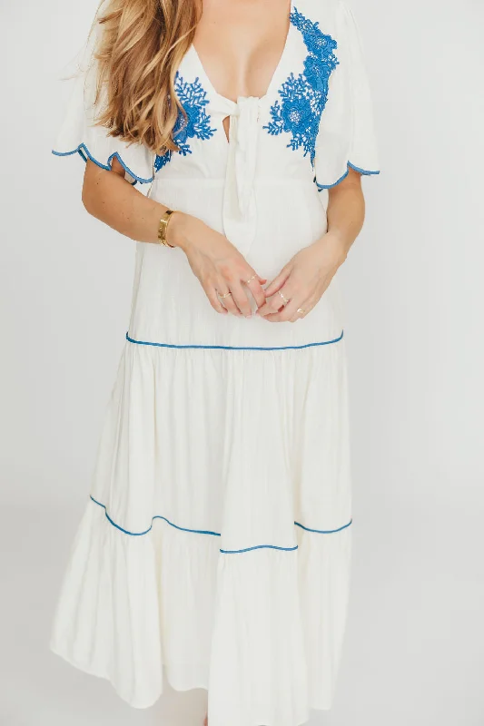Lena Embroidered Tiered Midi Dress in Off-White/Blue Tunics Sale discount