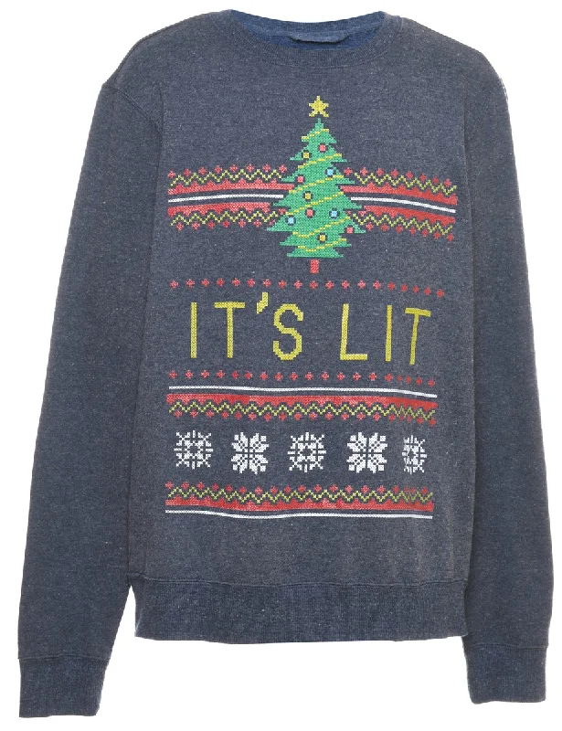 Christmas Tree Design Sweatshirt - L Hoodie with Hem Ribbing Snug Secure