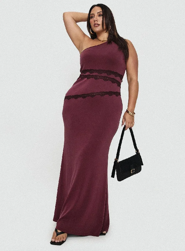 Ultraviolet One Shoulder Lace Maxi Dress Wine Curve Tunics Long Elegant