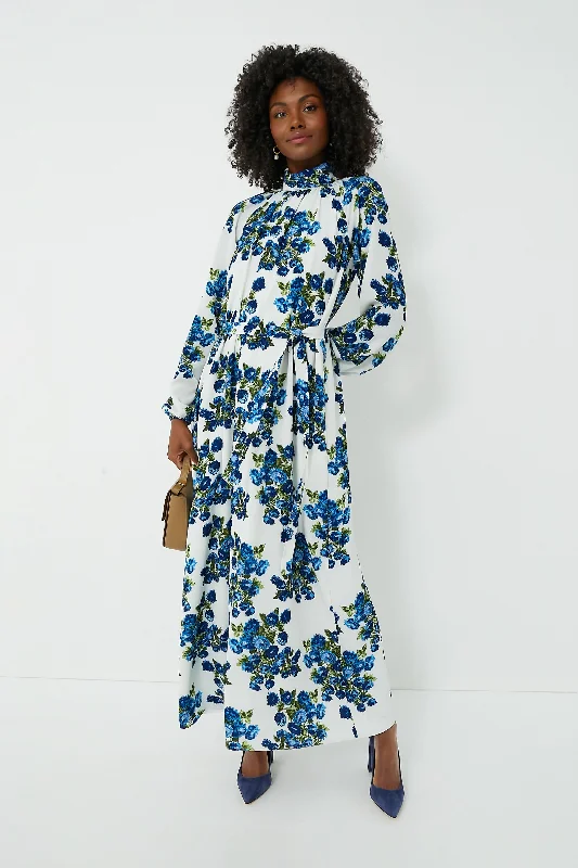 Blue Flower Bouquet Elanda Crepe Georgette Dress Tunics Fleece cozy